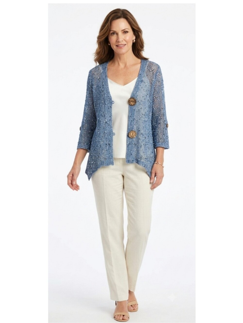 NinaLeonard Open Knit Cardigan1X Blue Space Dye Toggle Button Sweater(SKU 0030)